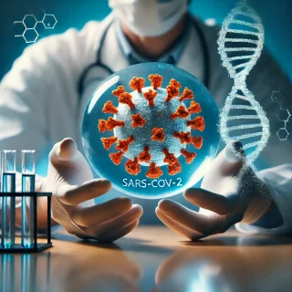 DALL·E 2024-07-30 15.05.37 - A researcher holding a representation of the SARS-CoV-2 virus, set against a bluish background. The image features predominantly white with orange det